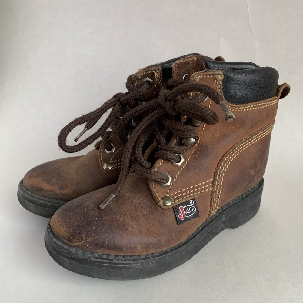 Justin Kids Original Leather Work Boots Western 8.5D Chore Ranchwear Brown